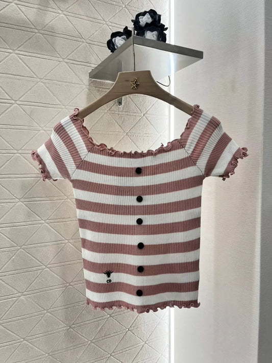 2025 Spring and Summer New Striped Knitted Short Sleeve Top
