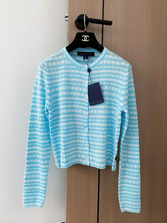 L 25 New color clashing striped leather single-breasted round neck long-sleeved knitted cardigan