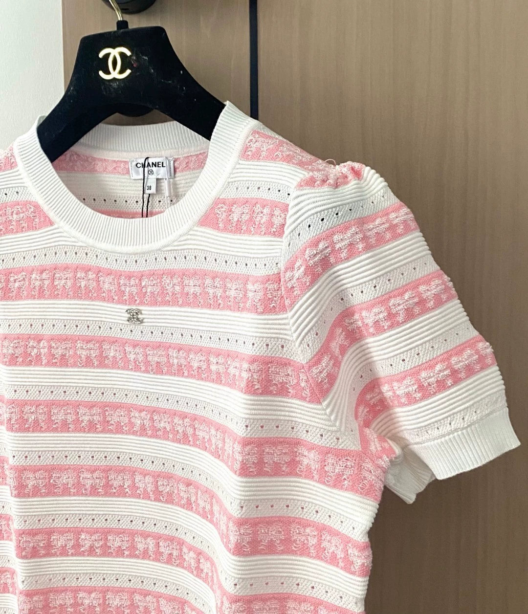 C 25 new striped bow round neck short sleeve knit