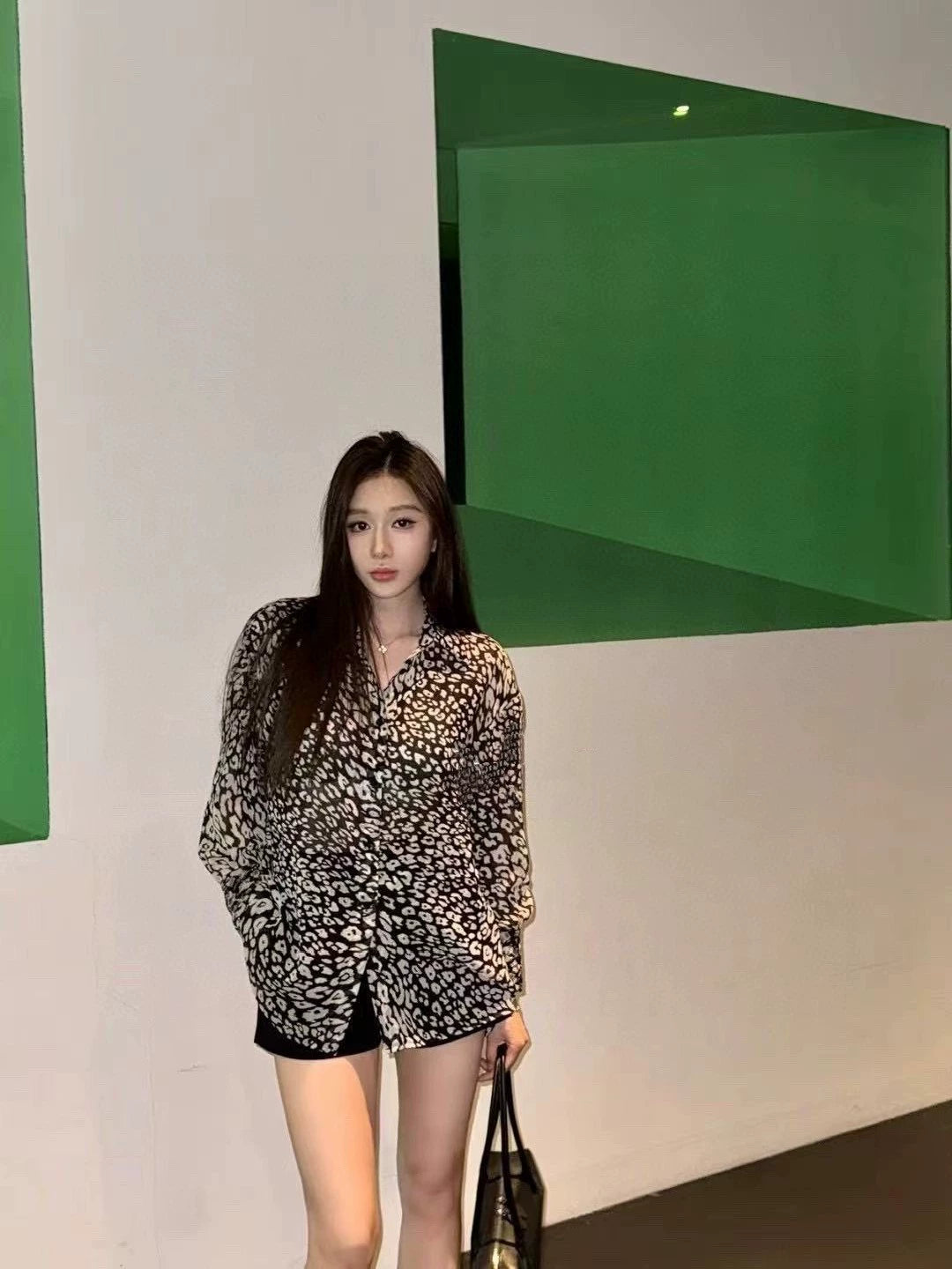 Y 25 New Leopard Print Lightweight Slightly Transparent Lapel Long Sleeve Shirt