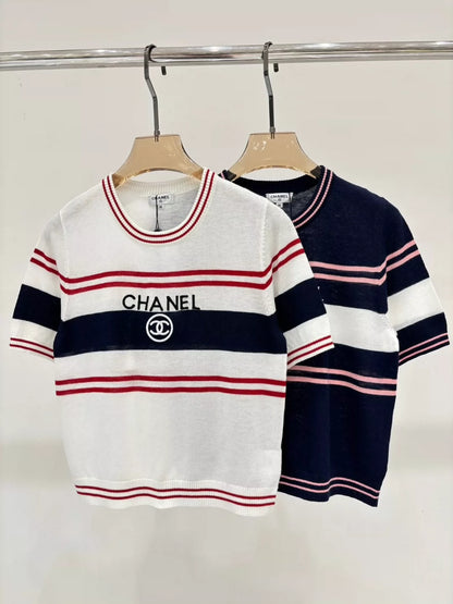 C 25 Summer new round neck letter jacquard striped color matching casual knitted short sleeves