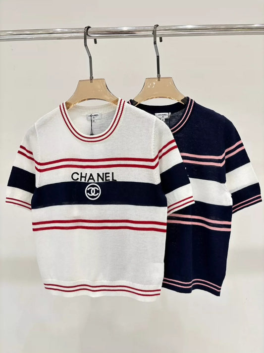 C 25 Summer new round neck letter jacquard striped color matching casual knitted short sleeves