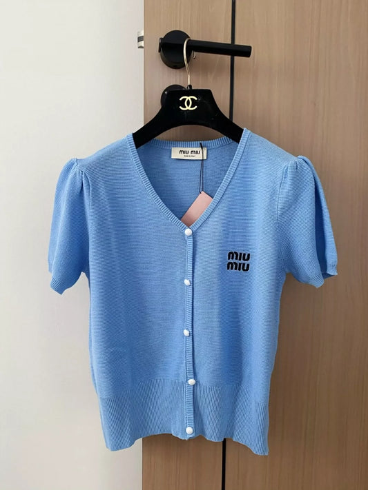M 25 new color collision letters V-neck knit cardigan short sleeve
