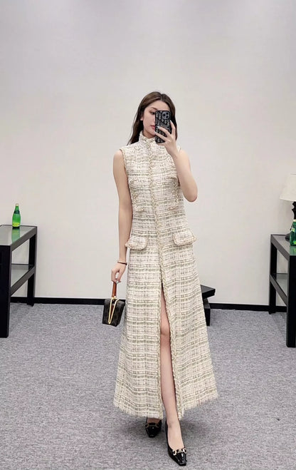 C 25fw Woven long tweed vest dress