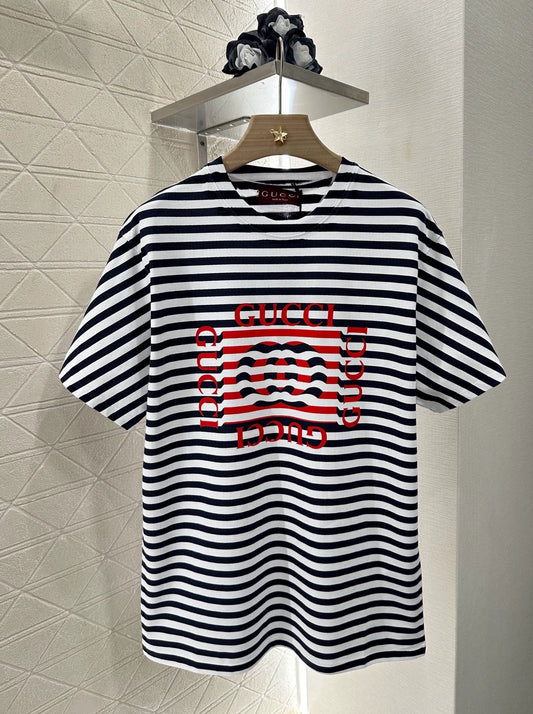 G 25 Round Neck Striped Letter Short Sleeve T-Shirt