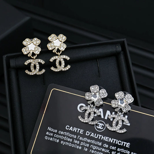 25 New Crystal Star Full Diamond Four-Leaf Clover Double C Pendant Earrings