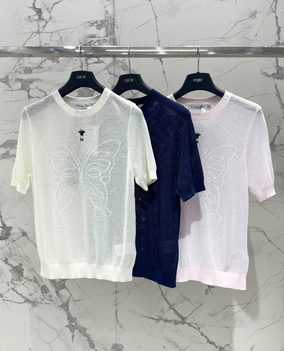 D 25 New Mesh Bee Embroidery Big Butterfly Concealed Breathable Short Sleeve Knit Top