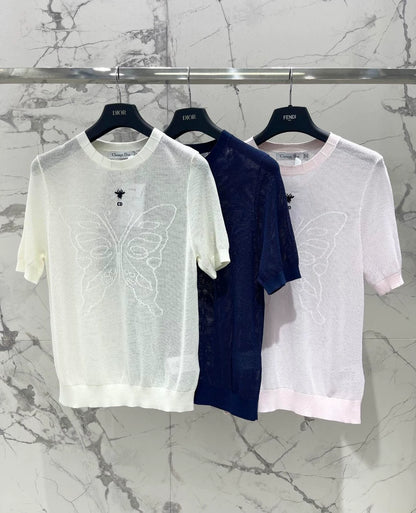 D 25 New Mesh Bee Embroidery Big Butterfly Concealed Breathable Short Sleeve Knit Top
