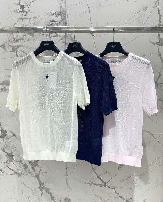 D 25 New Mesh Bee Embroidery Big Butterfly Concealed Breathable Short Sleeve Knit Top