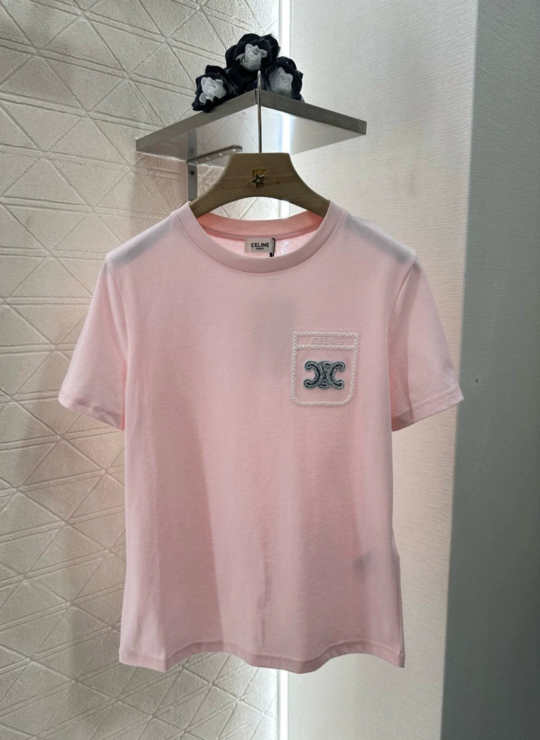 Ce 25 New Beaded embroidery letters round neck short sleeve T-shirt(pink black white)