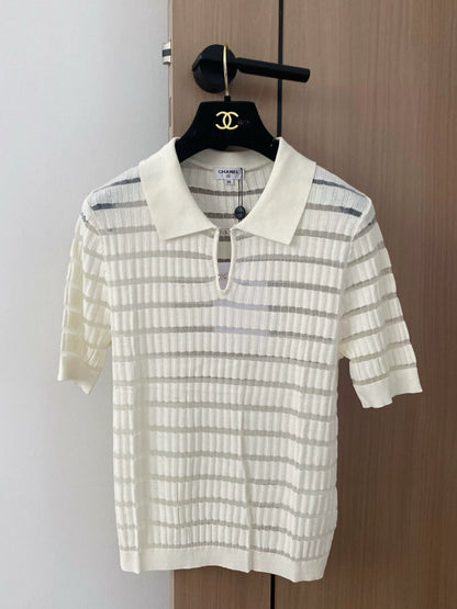 C 25 New Striped Buttoned Lapel Short Sleeve Knit Top(WHITE PINK)