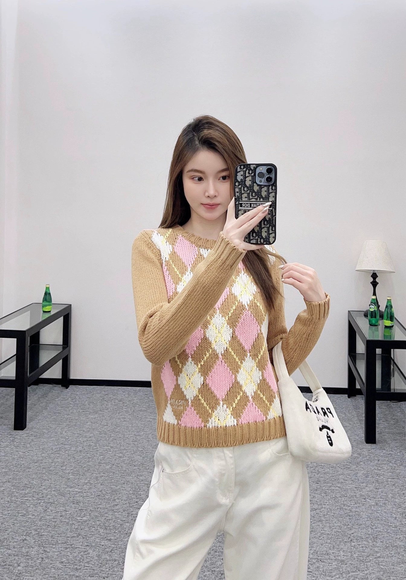 Pr 25 Diamond-knit long-sleeved pullover sweater