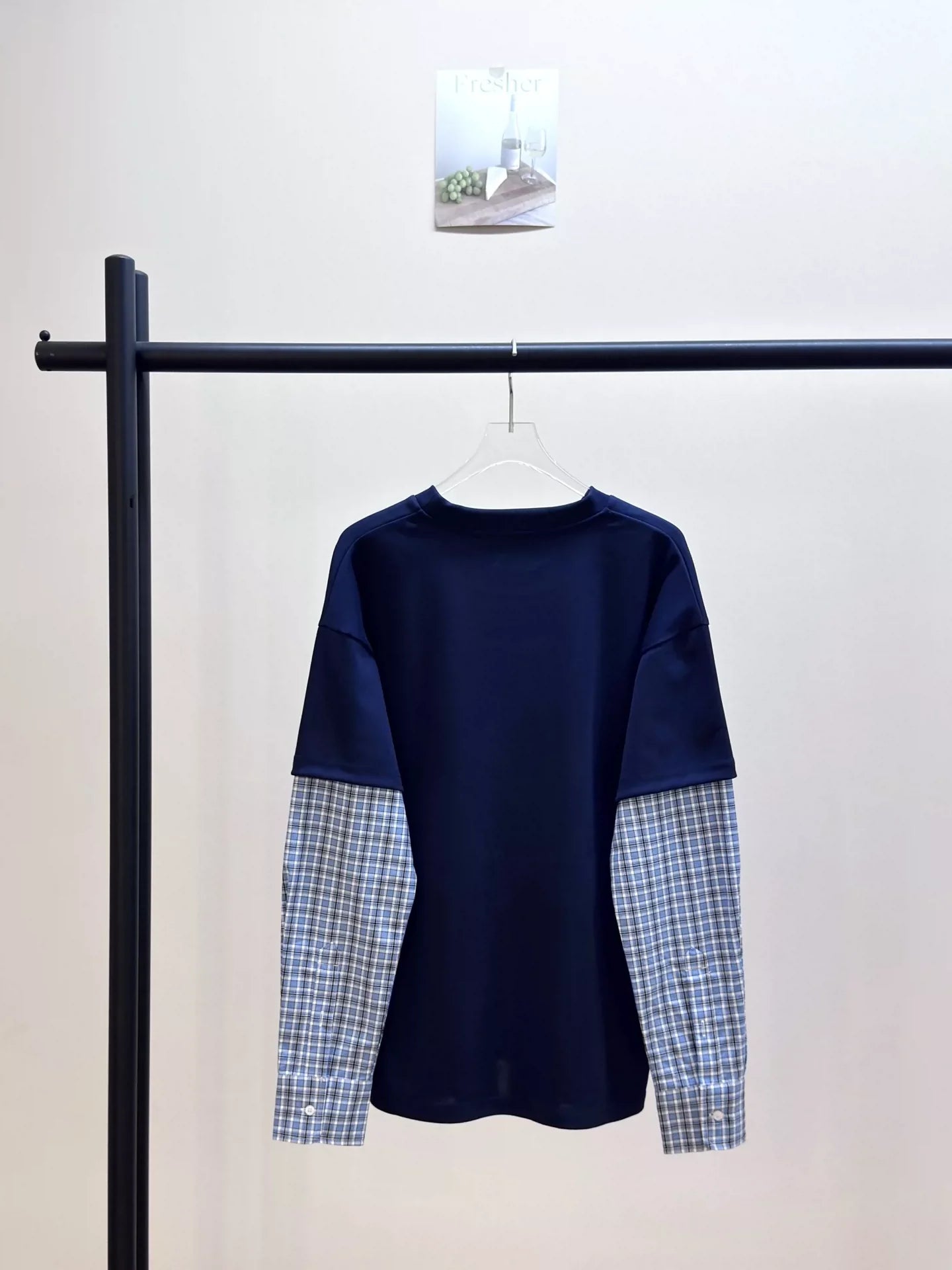25 Summer new style stitching contrast color plaid long sleeves