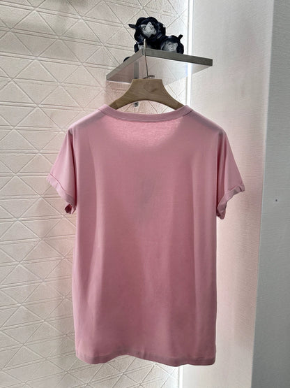 Y 25 Heavy Duty Beaded Embroidered Letter Short Sleeve T-Shirt (White Pink Green)
