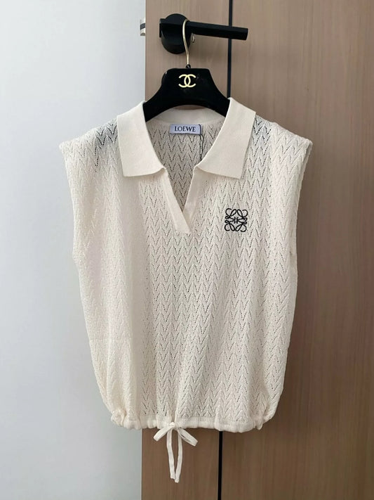 LO 25 New Embroidered Tied Lapel Sleeveless Knit Tank Top
