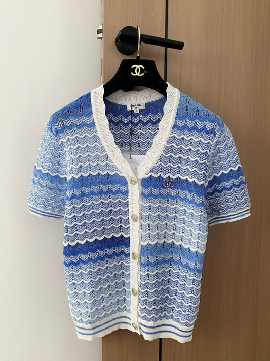 C 25 new color clashing stripes single-breasted V-neck short-sleeved knit cardigan