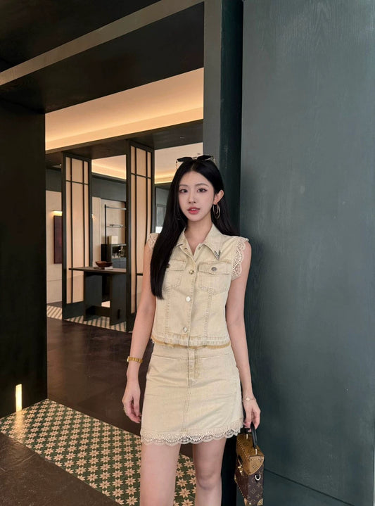 V 25 new lace lace pocket vest half skirt suit