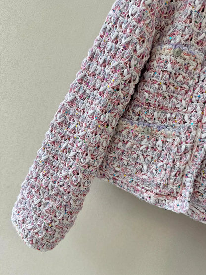 C 25 Macaron color matching woven three-dimensional cardigan
