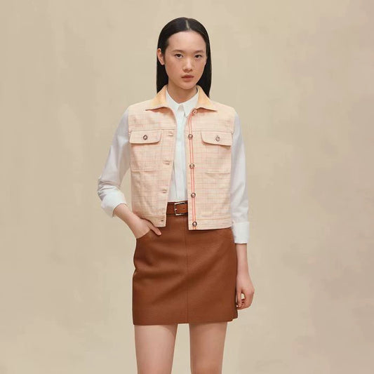 H 25 Positioned Check Lapel Denim Vest