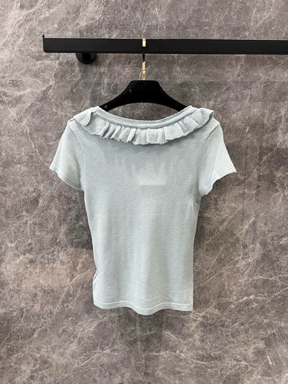 C 25Ss early spring new style lace round neck slim fit knitted short-sleeved top