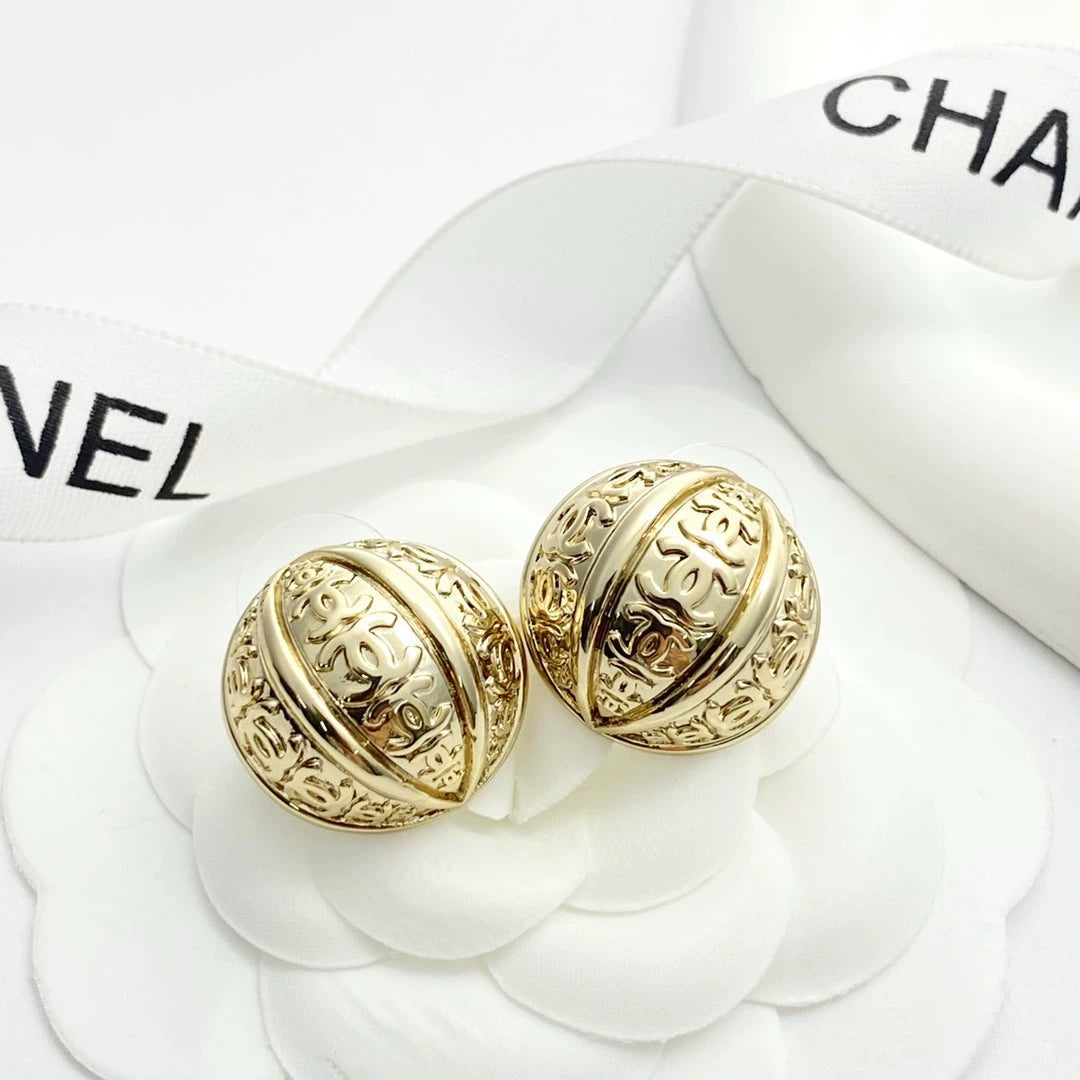 C 25 Vintage Metal Double C Half Ball Stud Earrings