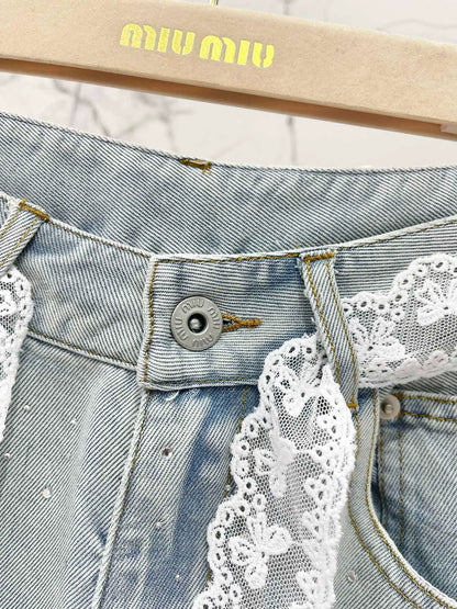 M 25 spring and summer new thin lace hot diamond straight jeans