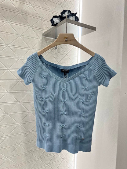 C 25 Spring and Summer New Three-dimensional Crochet Knitted Short-sleeved Top(pink white blue black)