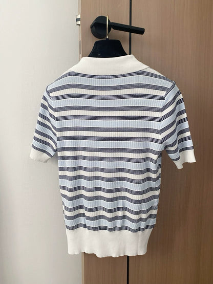 LO 25 New Embroidery Striped Zipper Lapel Short Sleeve Knit