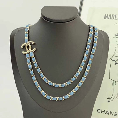 25 new leather chain denim blue double necklace