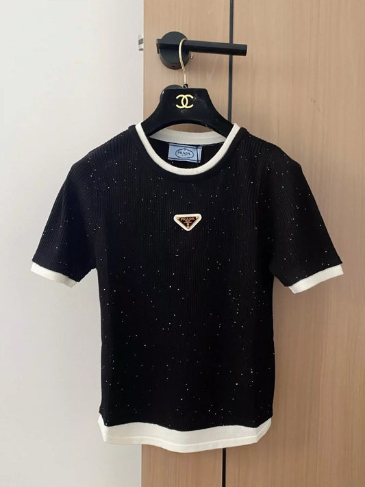 P 25 New Color Block Triangle Label Crew Neck Short Sleeve Knit Top