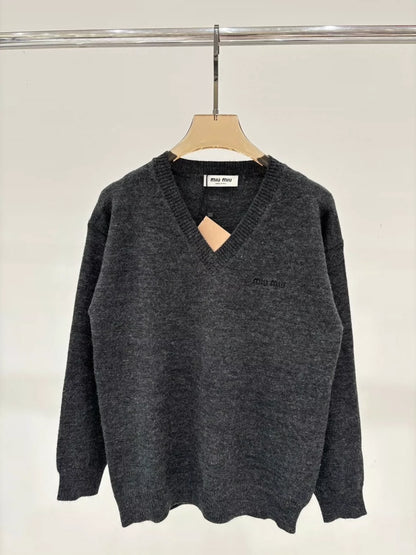 M 25 Spring and Summer new V-neck letter logo embroidery solid color simple casual knitted long sleeve