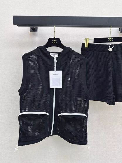 C 25 Early Spring Latest Knit Sets Cutout Hooded Vest + Shorts