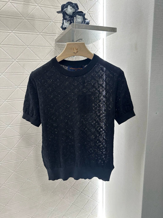 L 25 Slightly Sheer Jacquard Knit Short Sleeve Top