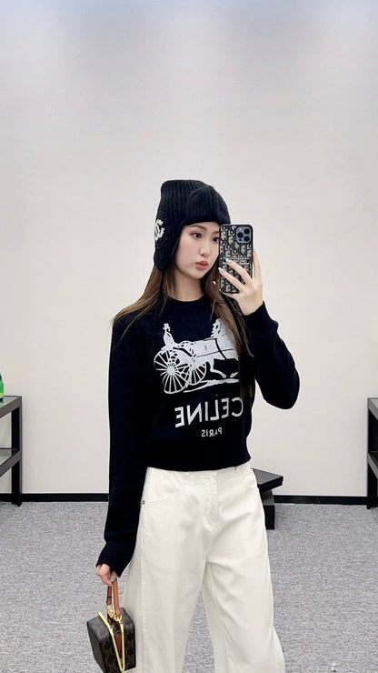 CE 25 Crochet letter carriage knit sweater（Beigei/black）