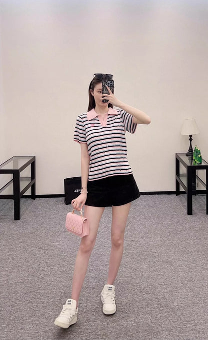 C 25  Lapel Striped Short Sleeve Top