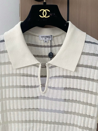 C 25 New Striped Buttoned Lapel Short Sleeve Knit Top(WHITE PINK)