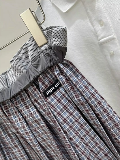 M 25 Summer new style mesh outer-turned dark red fine check mid-length skirt