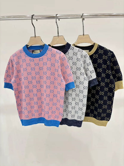 2025 early spring new round neck letter l knitted short sleeves