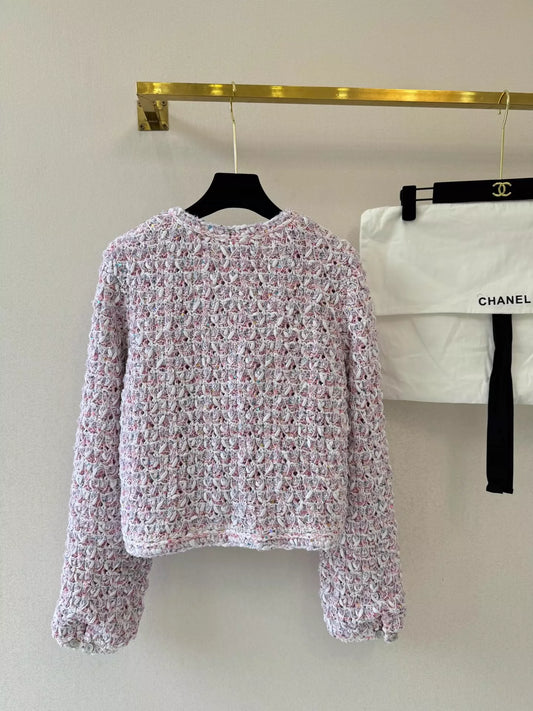 C 25 Macaron color matching woven three-dimensional cardigan