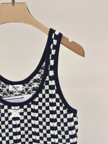 CE 25 Summer new round neck letter logo jacquard plaid contrast color casual knitted dress
