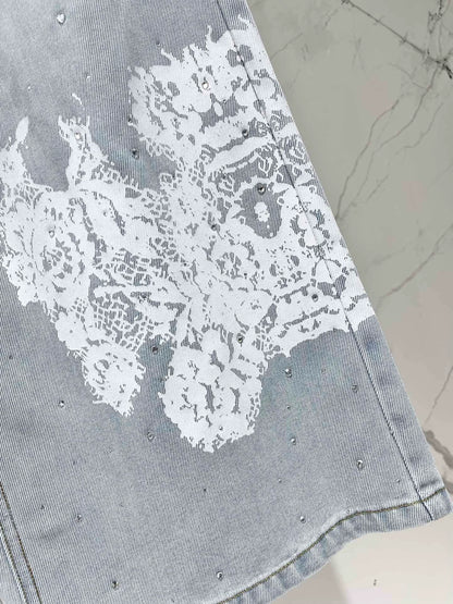 M 25 spring and summer new thin lace hot diamond straight jeans