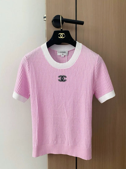 c 25 new color clashing round neck short sleeve knitting