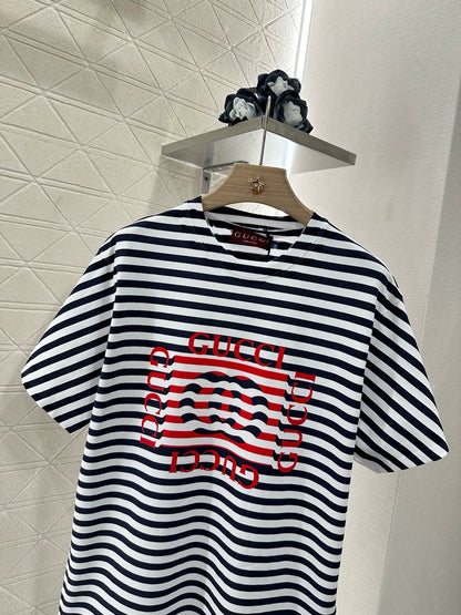 G 25 Round Neck Striped Letter Short Sleeve T-Shirt