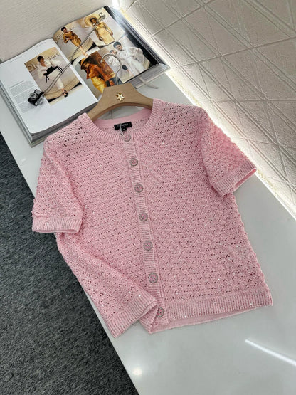C 25 New Beaded Silver Silk Knit Short Sleeve Cardigan(WHITE BLUE PINK)