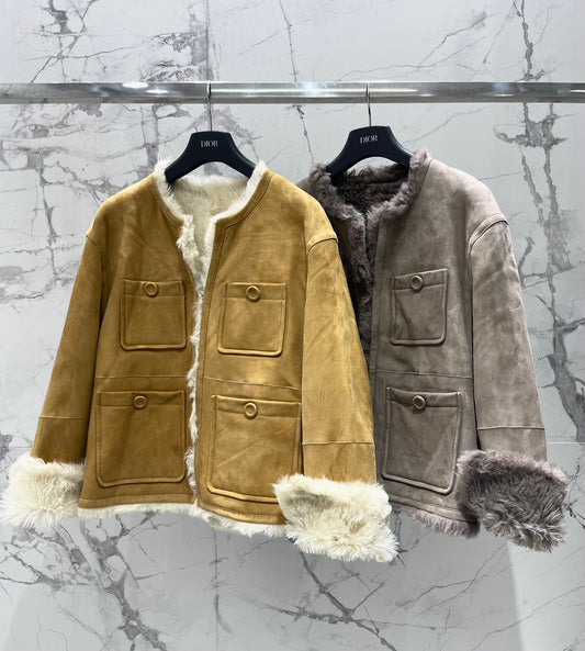 Di 25Fw Zipper wool leather short jacket