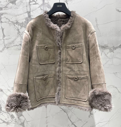 Di 25Fw Zipper wool leather short jacket