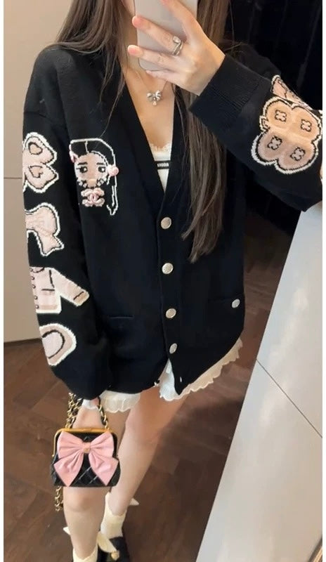 C 25 Early Autumn New Comic Pattern V-Neck Long Sleeve Cardigan