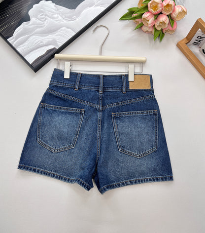 CE 25 Sommer neues Produkt blau hohe Taille Gürtelschlaufe Taschendekoration Jeans-Shorts 