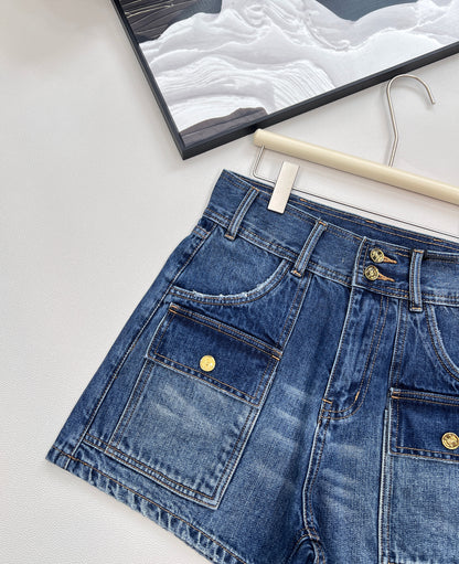 CE 25 Sommer neues Produkt blau hohe Taille Gürtelschlaufe Taschendekoration Jeans-Shorts 