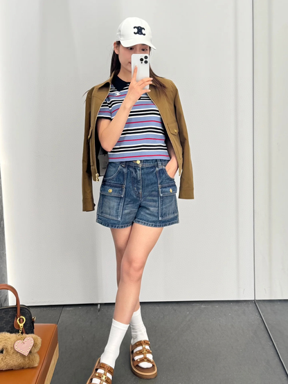 CE 25 Sommer neues Produkt blau hohe Taille Gürtelschlaufe Taschendekoration Jeans-Shorts 